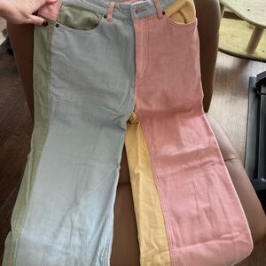 Ghanda Colorblock Corduroy Flare Jeans in Pink, Light Blue, Yellow, Sage